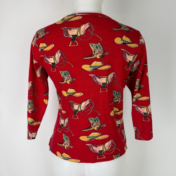 VTG Take Two Womens Red Western Sequin Cowboy Boot Hat Top Cotton Knit SZ M - Picture 4 of 11